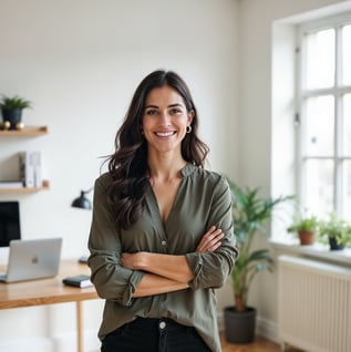 a woman in a green shirt and jeans standing in front of a desk