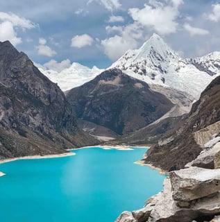 View of the majestic Artesonraju mountain from Parón Lagoon, in the Huaraz region of Peru.
