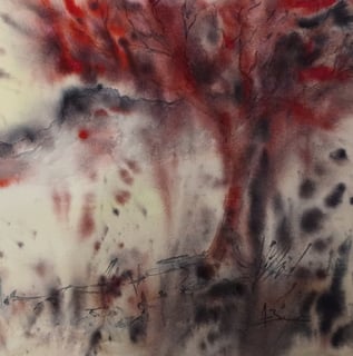 Peinture symbolique rouge bleu et beige représentant un arbre de vie