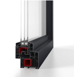 a black and white window frame with a red and black trim