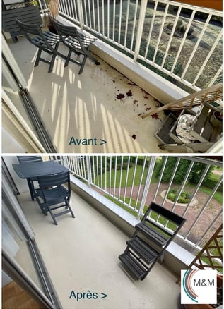 Avant/après du nettoyage d’une terrasse après tempête par M & M Services Pro à Bois-Guillaume