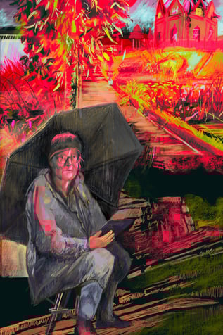 Digital collage - Karen drawing under an umbrella at Dumfries House