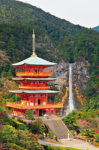 Japanese Temple tower with waterfall yoshino kumano