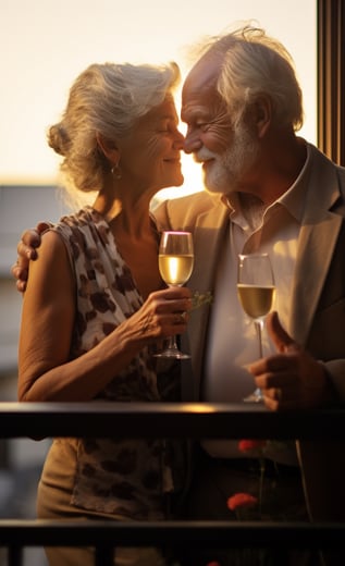 an old married couple sharing wine and a romantic moment on the balcony of their spa hotel