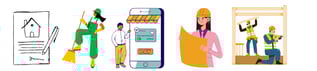 "Illustration of home renovation process: design, cleaning, payment, planning, and construction."