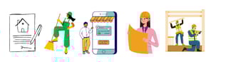 "Illustration of home renovation process: design, cleaning, payment, planning, and construction."