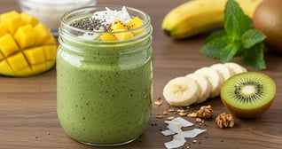 Tropical Protein Smoothie Jar with mango, chia seeds, coconut, and granola.