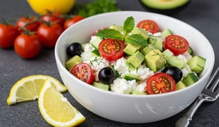 A colorful cottage cheese salad with cucumber, cherry tomatoes, avocado, olives, mint, and lemon slices.