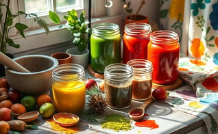 A serene workspace with jars of vibrant homemade natural paints.