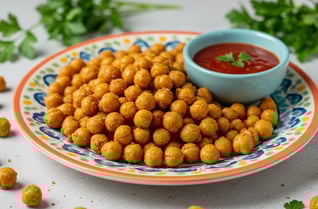 Crispy roasted chickpeas served with dipping sauce and cilantro.