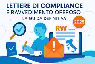 Illustrazione stile flat per articolo CAF Public sulla regolarizzazione del Quadro RW con lettere di compliance
