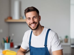 a man in a blue overall suit and suspenders