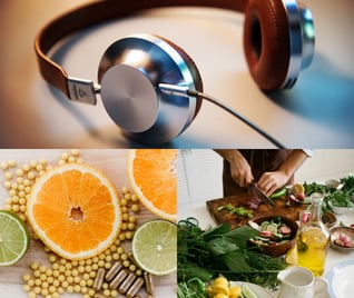 A photo collage: headphones, nutritional supplements and someone cooking