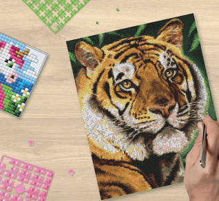 A small picture of colorful unicorn and big picture of colorful tiger made using pixel squares