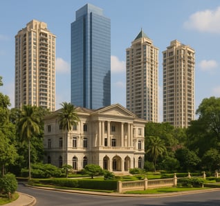 a large building with tall buildings in the background