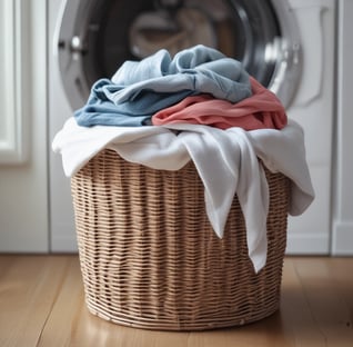a basket weave full of dirty laundry inside of it