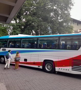 Visitors are getting ready to get into a Luxury bus for their explorations.