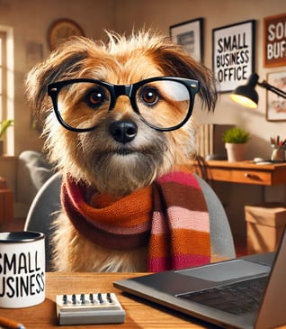 photorealistic cartoon of a shaggy small dog sitting at a computer wearing glasses and striped scarf