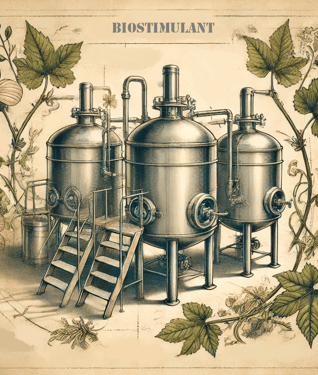 Illustration de biostimulants avec cuves en inox, fermentation et plantes médicinales