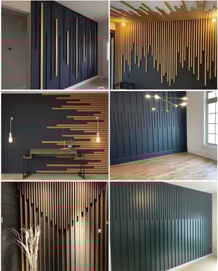 a collage of photos of a room with wood paneled walls