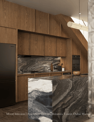 Modern kitchen with wooden cabinetry, black marble island, and a black refrigerator.