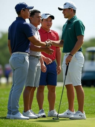 Diverse golfers laugh on green, one points at something amusing, capturing group golf's joy