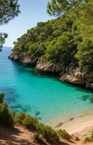Vista de una cala escondida en Mallorca a través de un marco natural de pinos mediterráneos
