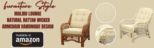 a ratten wicker chair with white cushions