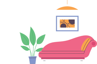 Ilustração minimalista vetorizada de um divã rosa, planta e luminária suspensa.
