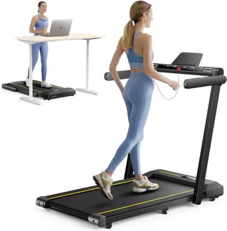 a woman in a blue top and leggings on a treadmill