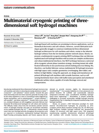 Multimaterial cryogenic printing of three dimensional soft hydrogel machines