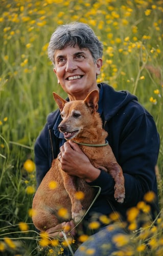 signora-anziana-che-abbraccia-un-cane-in-un-campo-di-fiori-gialli
