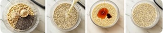 Making overnight oats: add ingredients, pour milk, mix in honey and vanilla, ready to chill.
