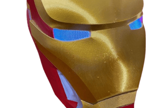 a helmeted iron man mask with a red and gold helmet