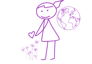 Female stick figure leaning to a heart symbol and bed of grass, with the world behind her.
