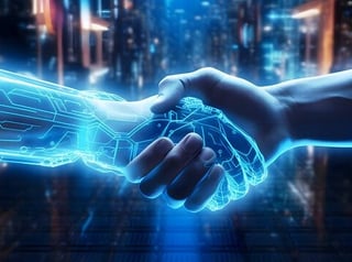 a person shaking hands with a futuristic interface