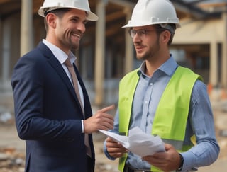 two men in hard hats and safety vests standing in front of a building