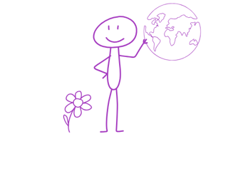Male stick figure touching earth above him with a flower to his side.