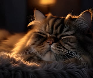 Yumuşak bir yatakta huzurla uyuyan mutlu bir kedi, rahat ve sağlıklı bir yaşamın keyfini çıkarıyor