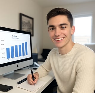 Joven emprendedor sonríe mientras toma notas frente a una gráfica de ventas, representa análisis, visión y crecimiento digita