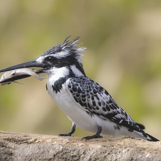 Foto van een Pied Kingfisher, een elegante wit-zwarte ijsvogel bekend om zijn duikvaardigheden en he