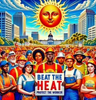 a poster of a man holding a sign that says beat the heat