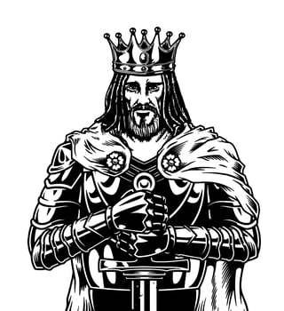 Black and white illustration, king with crown and sword, medieval warrior, vintage art style