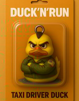 Taxi driver duck, a ducky with a ducky in a card board