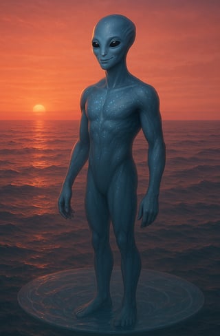 Imagem de Um Ser Imaginario do Planeta K2-18b acima do Nivel do Oceano com o Brilho de sua Estrela
