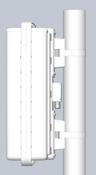 Side view of direct pole mount Plasdev housing strapped in place