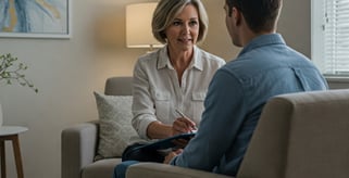 Hypnotherapist talking with client during a clinical hypnotherapy session