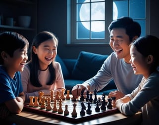 bố mẹ con cái chơi cờ vua cười vui trong giờ trái đất 