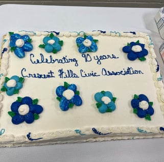 Cake decorated with words saying Celebrating 90 years Crescent Hills Civic Association