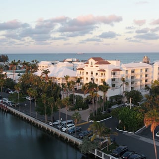 aerial view Lago Mar Beach Resort & Club in a sunrise, beach in the background